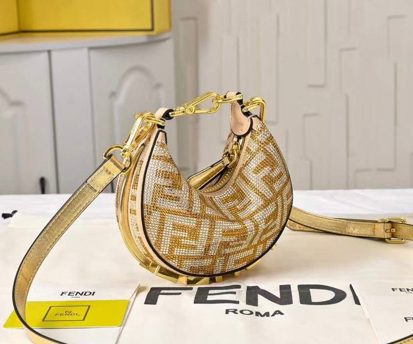 Fendi Fendigraphy Mini hobo bag in a champagne color, made of chamois covered in crystals and multi-faceted studs. image 1