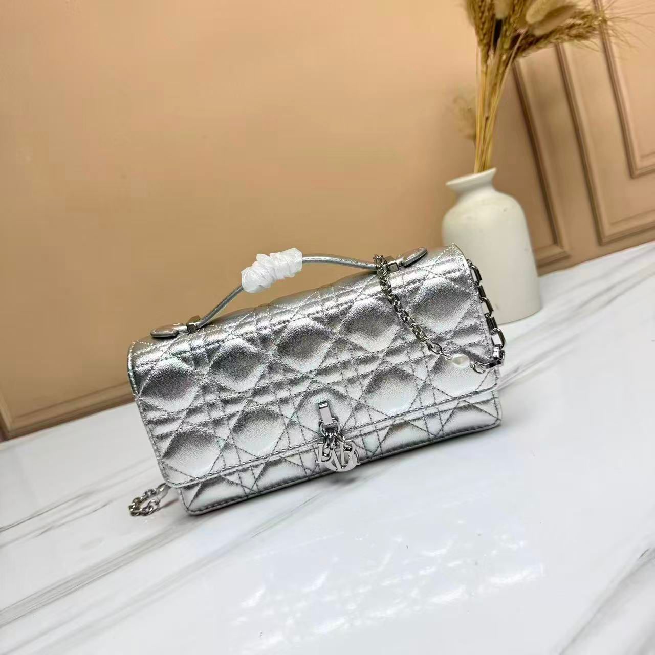 Christian Dior My Dior Mini Cannage bag in iridescent metallic silver lambskin leather. image 1