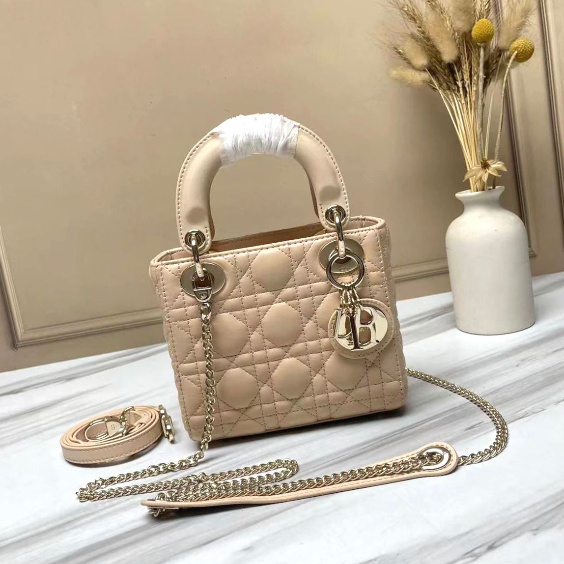 Dior Mini Lady Dior bag in powder beige Cannage lambskin. image 1