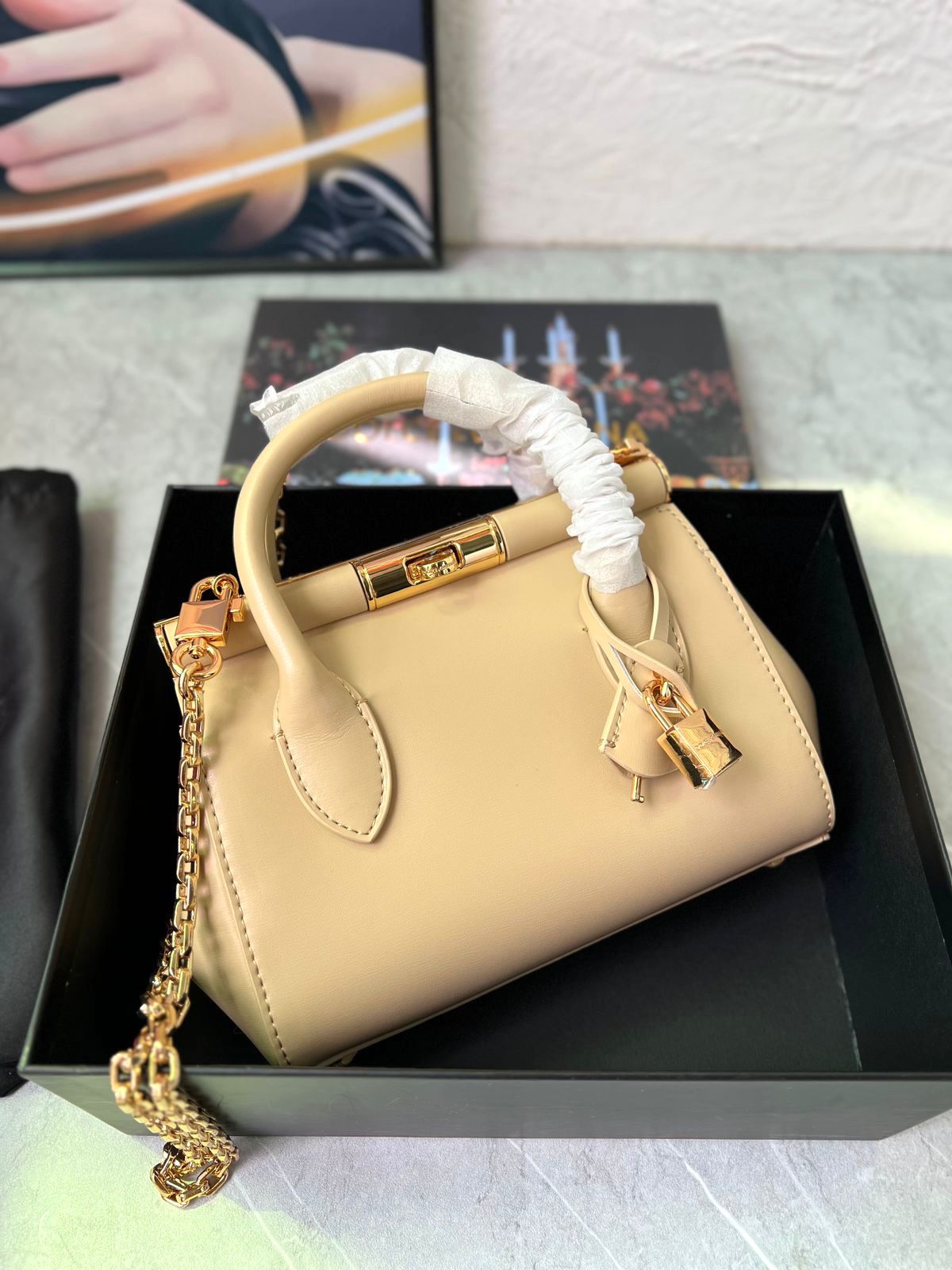 Dolce & Gabbana Mini Marlene Day top handle bag in almond beige calf leather. image 1