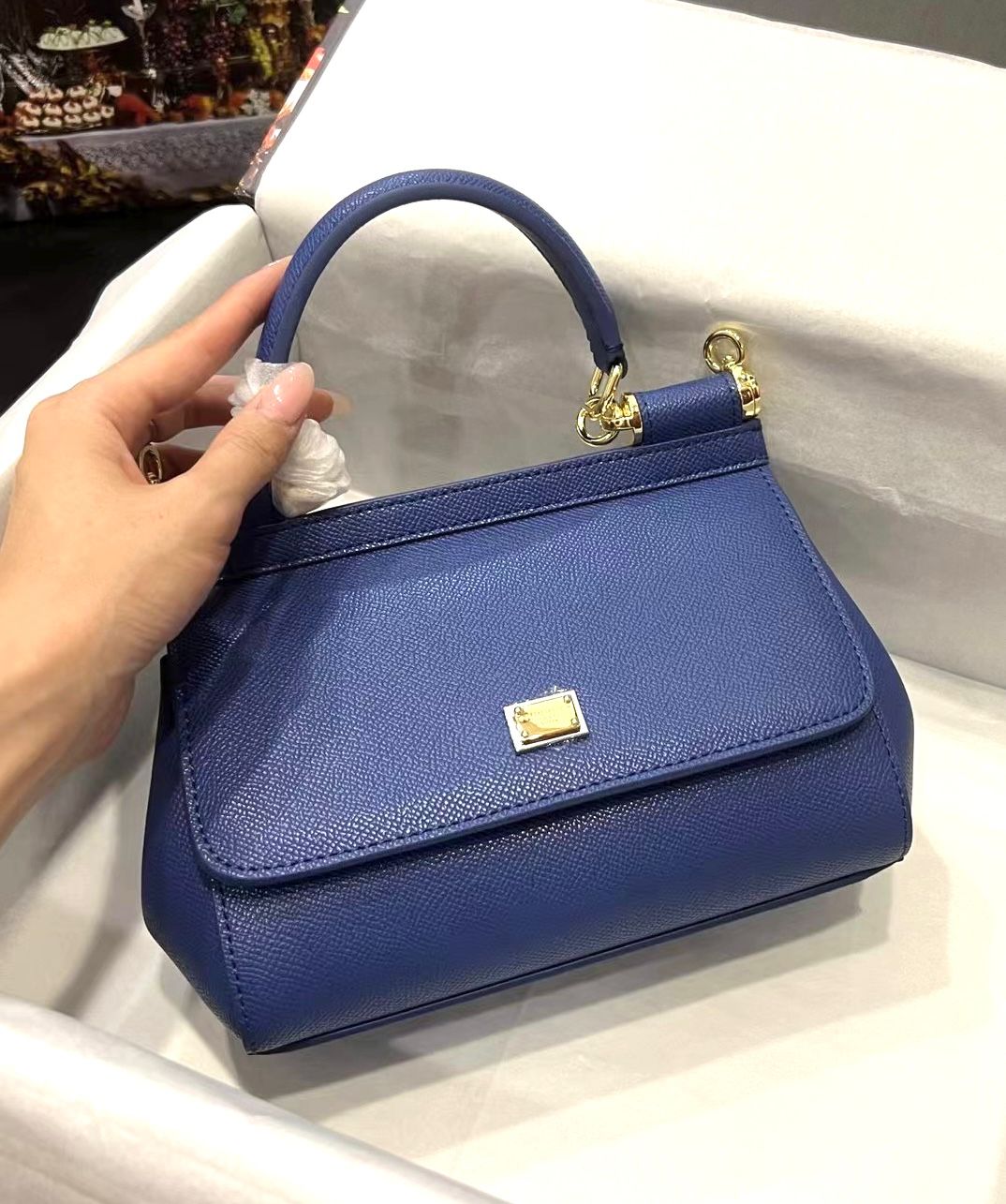 Dolce & Gabbana Miss Sicily top handle bag in blue grained calf leather. image 1