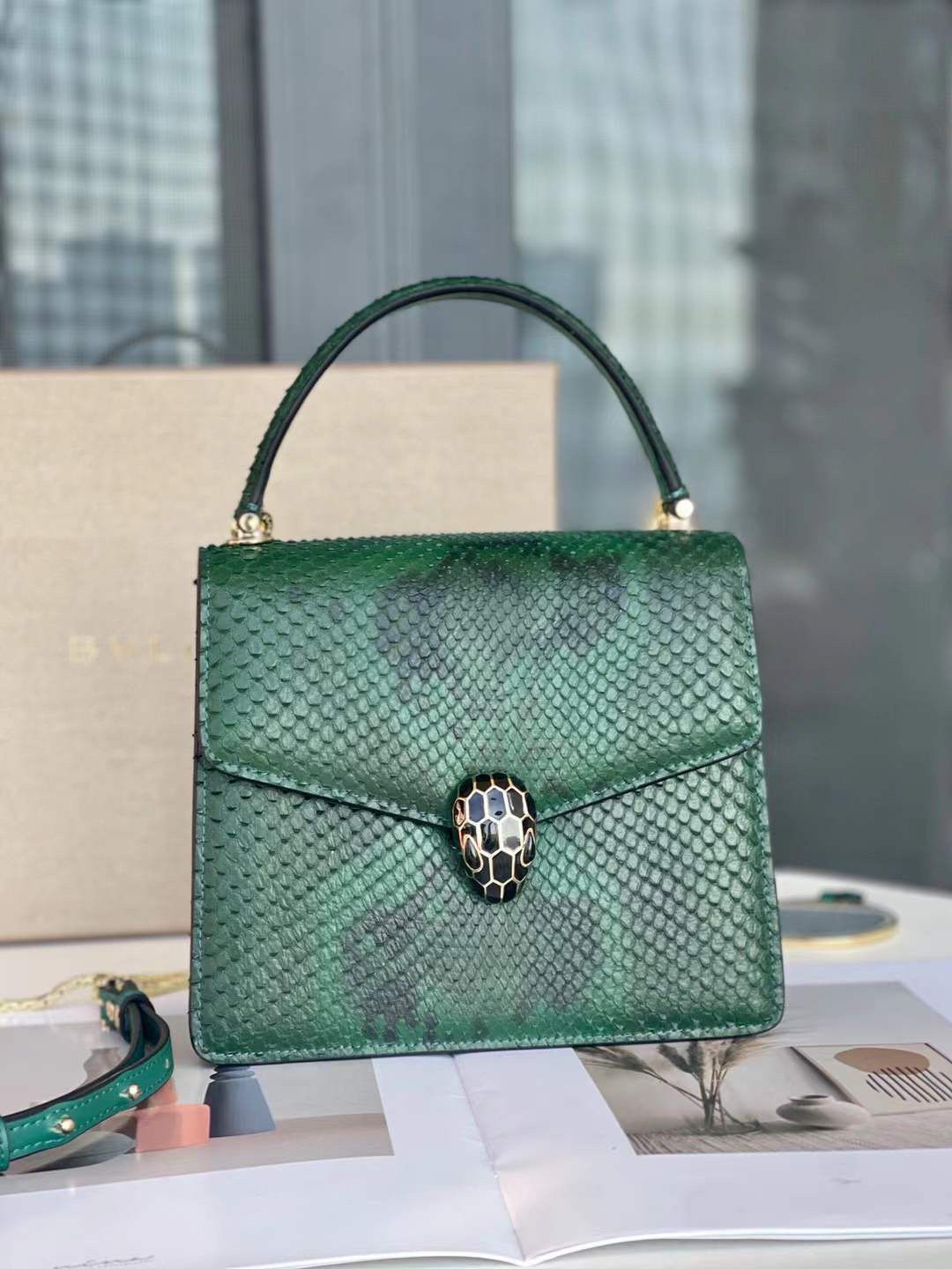 Bvlgari Serpenti Forever top-handle bag in green python leather. image 1