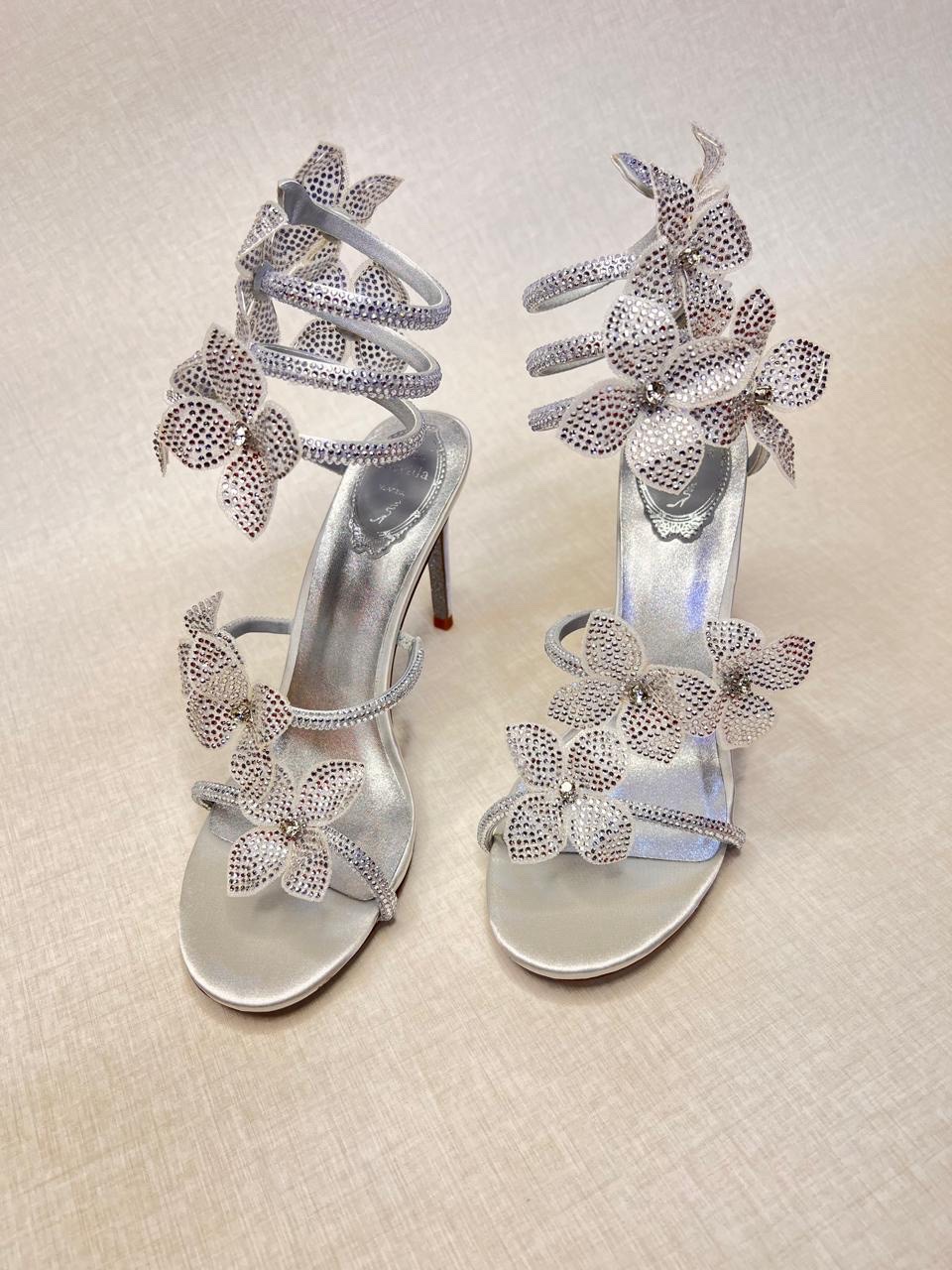 René Caovilla Floriane 105mm sandals in silver satin with crystal and floral embellishments. image 1