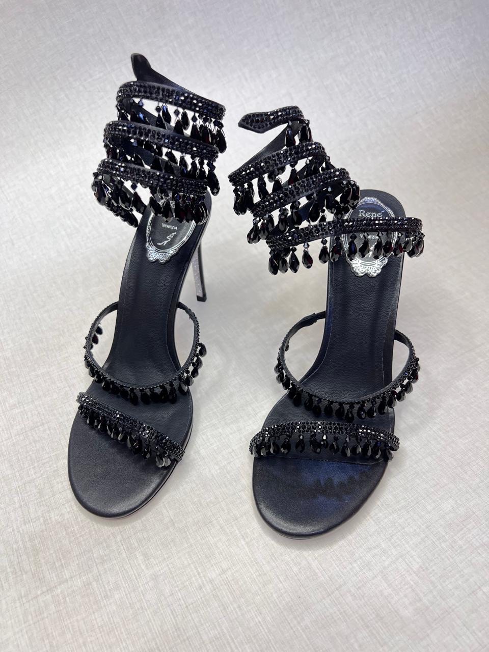 René Caovilla Chandelier 105 sandals in black satin with crystal and bead embellishments. image 1