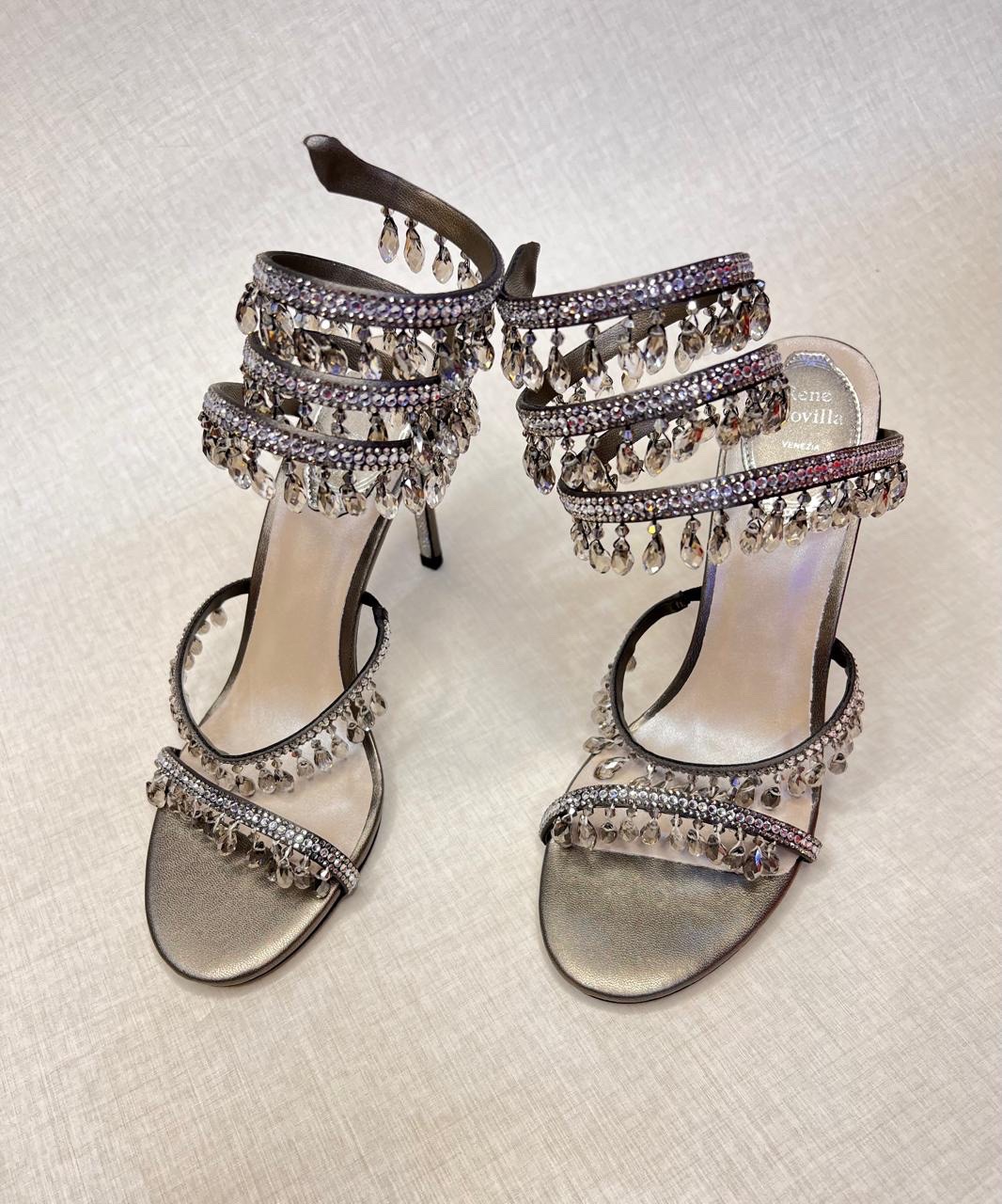René Caovilla Chandelier sandals in a gunmetal or grey satin finish with crystal embellishments. image 1