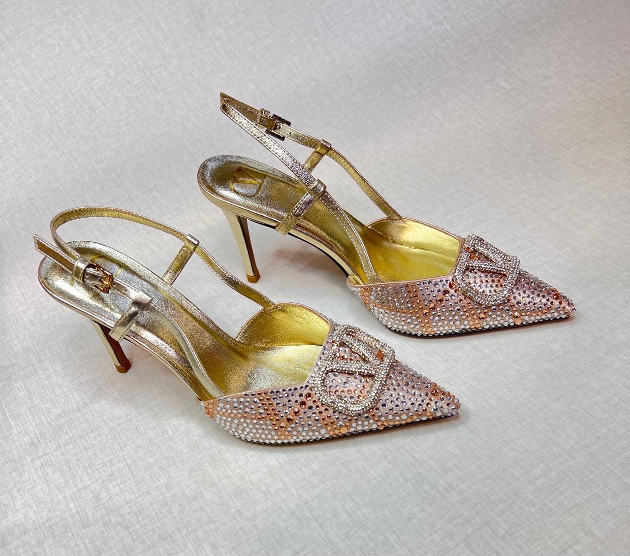 Valentino Garavani VLogo Signature crystal-embellished metallic slingback pumps image 1