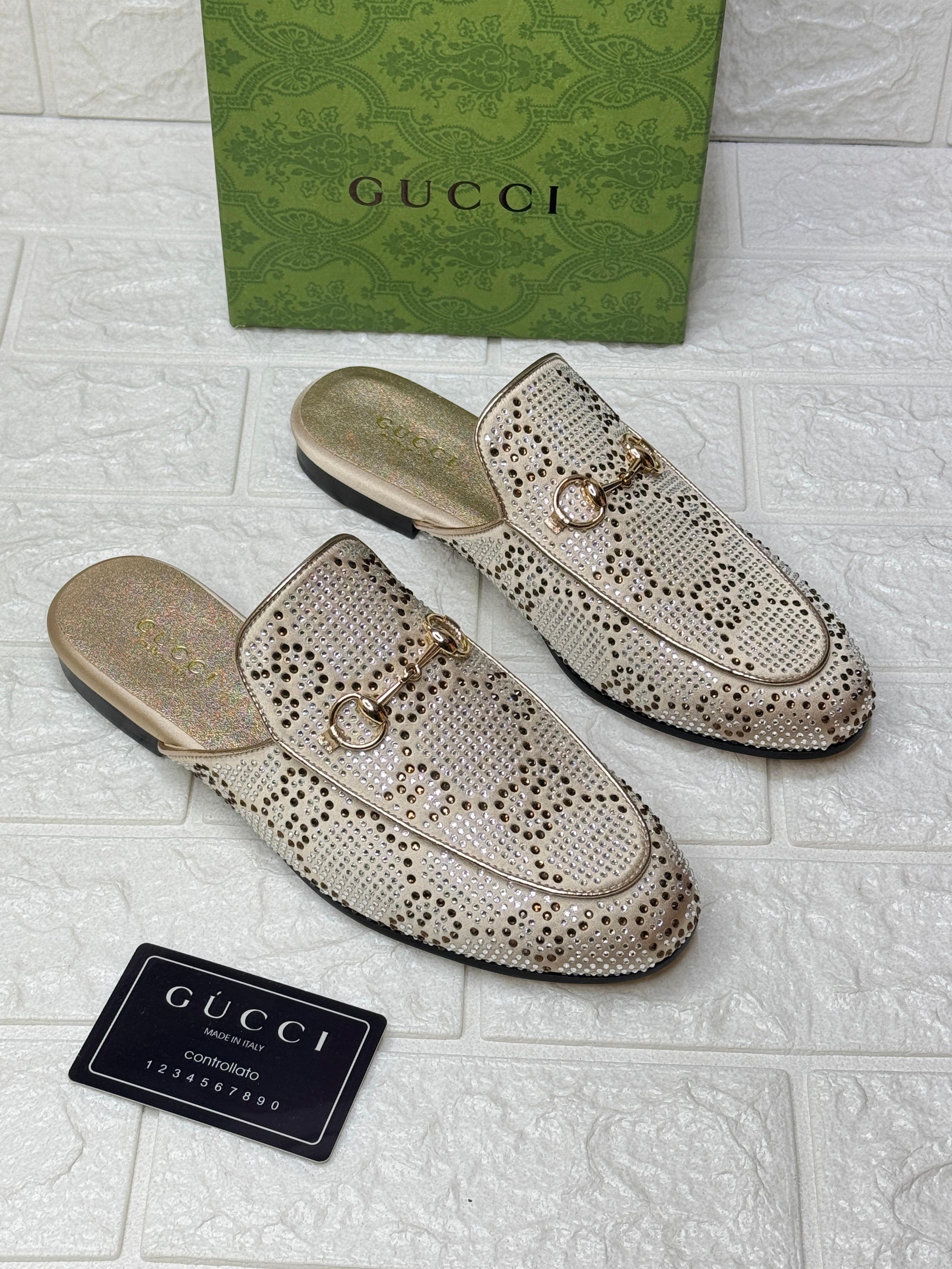 Gucci Princetown slippers in ivory GG mesh with crystals and light gold-toned Horsebit hardware. image 1
