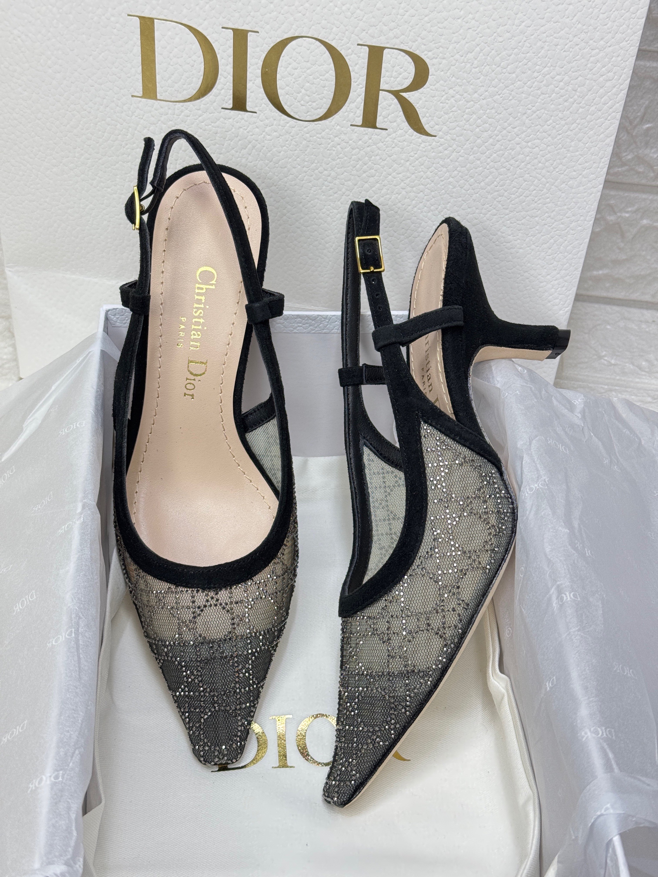 Dior J'Adior slingback pump in black mesh with a rhinestone Cannage pattern. image 1