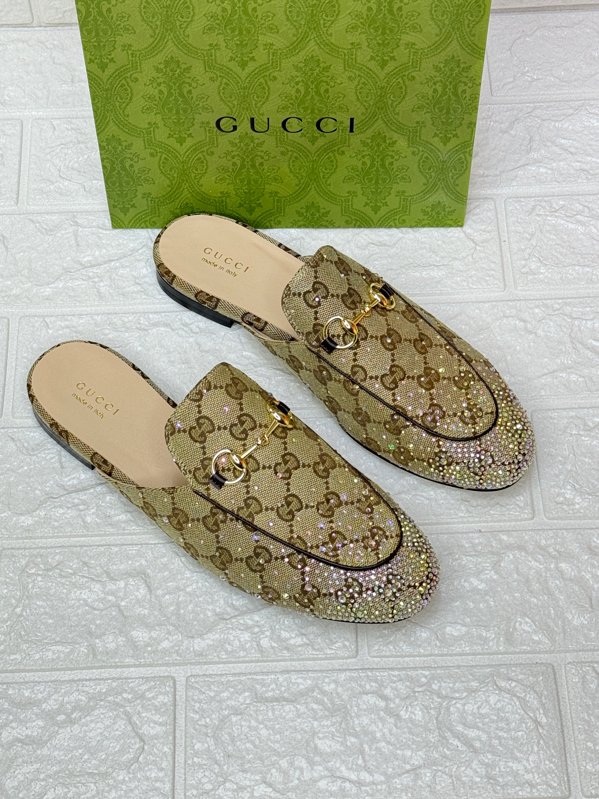 Gucci Princetown slipper in the signature GG canvas with multidimensional crystal embellishments and a gold-toned Horsebit detail. image 1