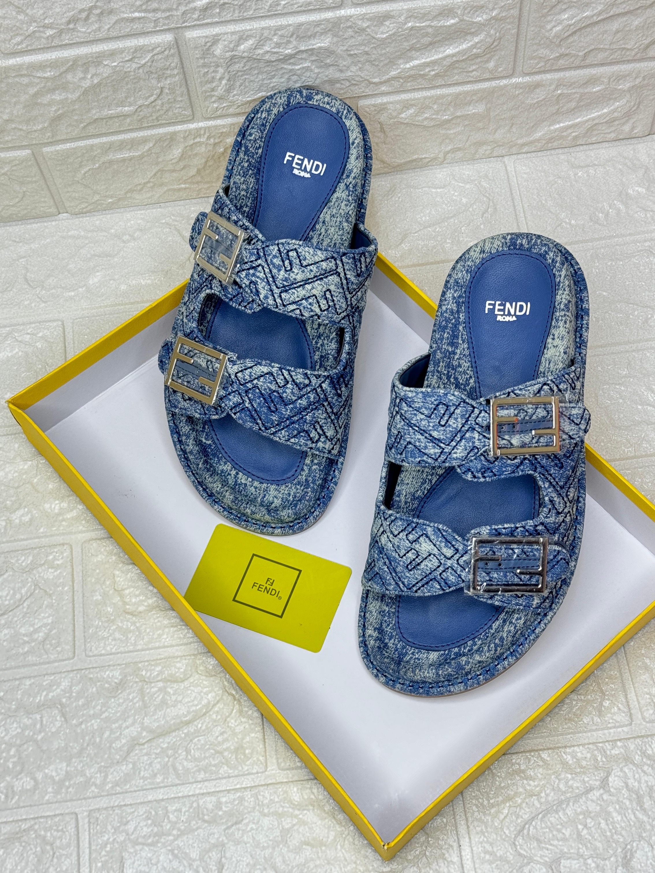 Fendi Feel FF-embroidered denim dual buckle slide sandals. image 1