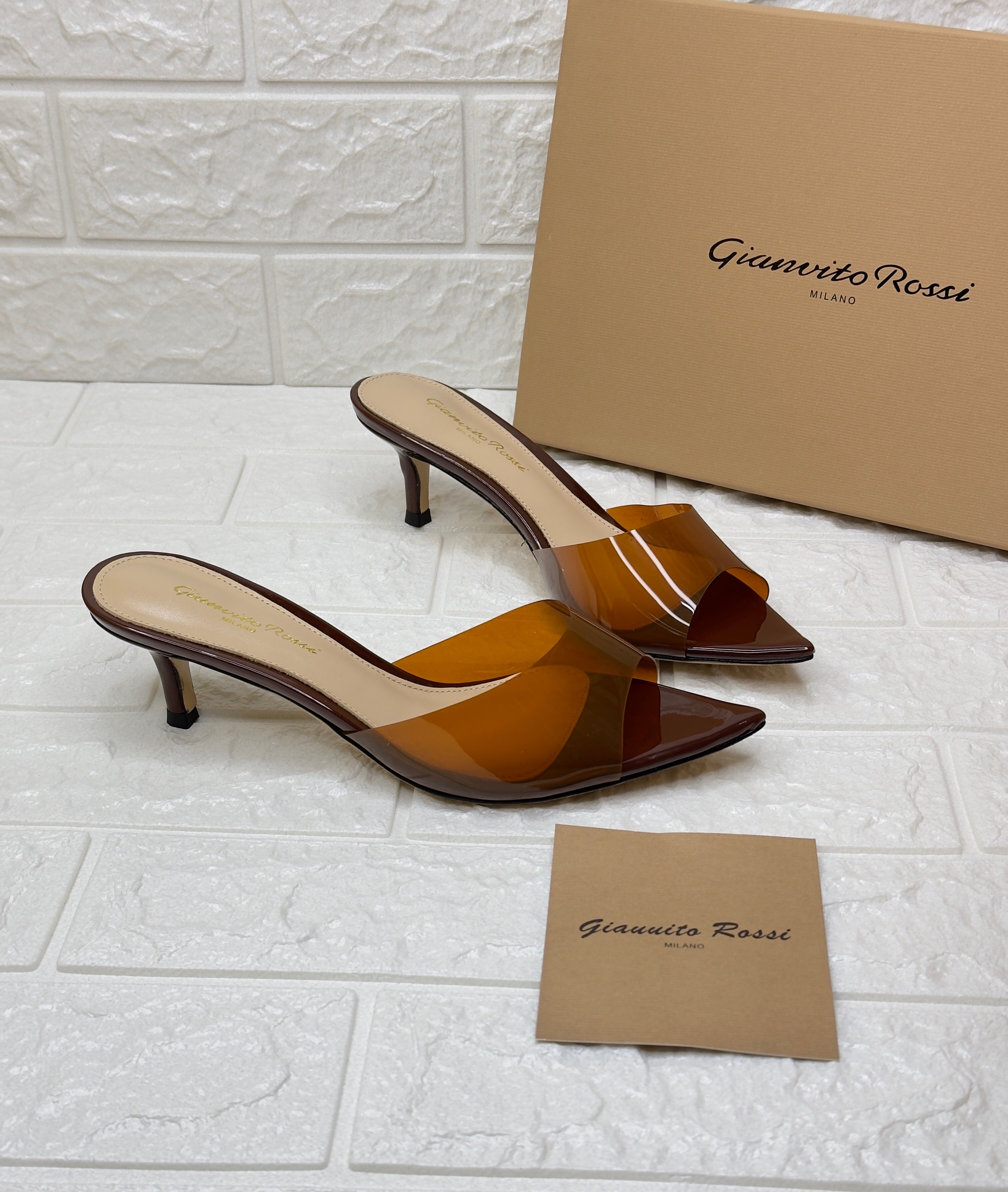 Gianvito Rossi Elle mules in brown plexi and patent leather. image 1