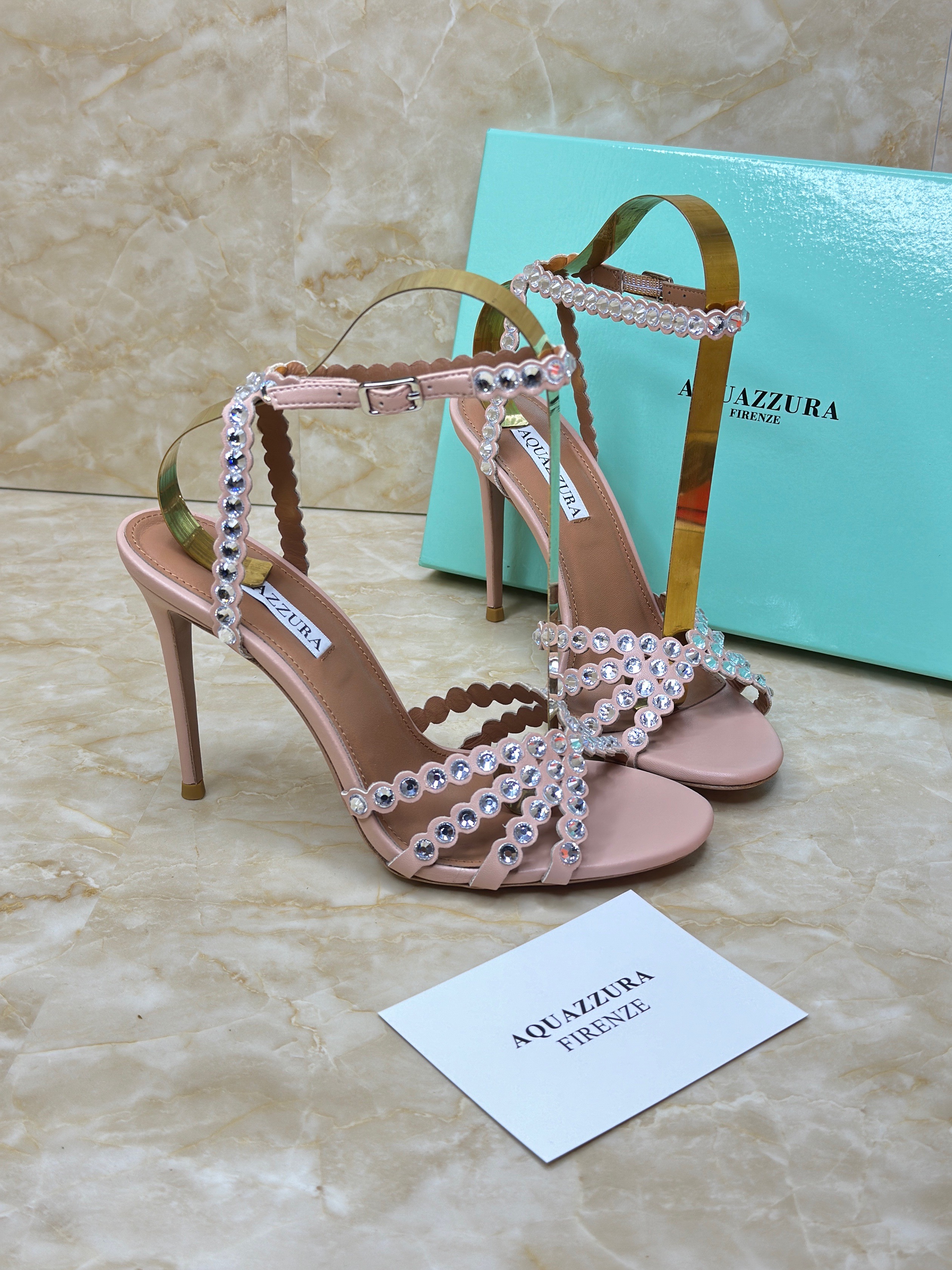 Aquazzura Tequila 105 crystal-embellished leather sandals in powder pink. image 1