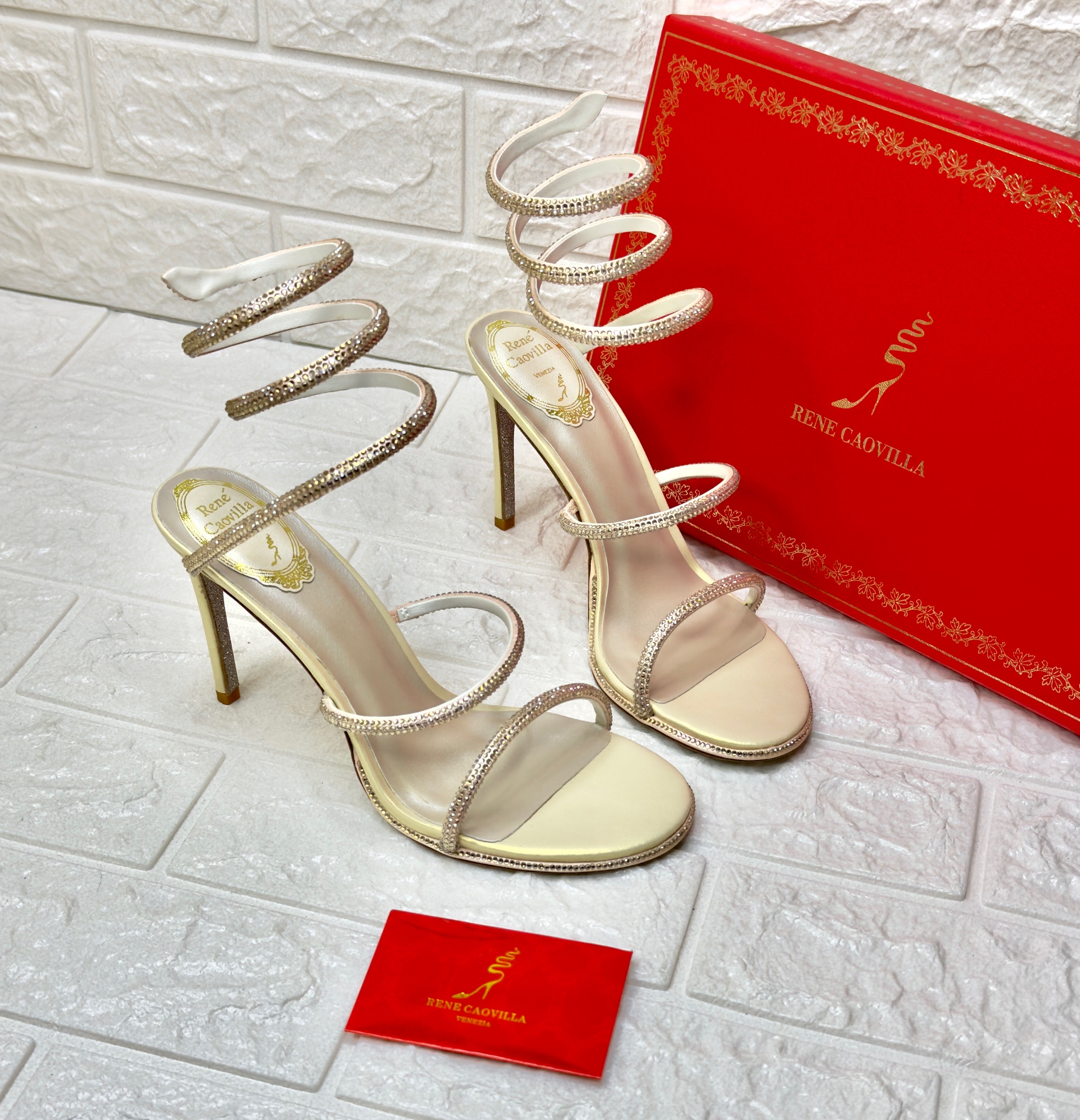 Ren? Caovilla Cleo sandal in beige satin with crystal embellishments. image 1