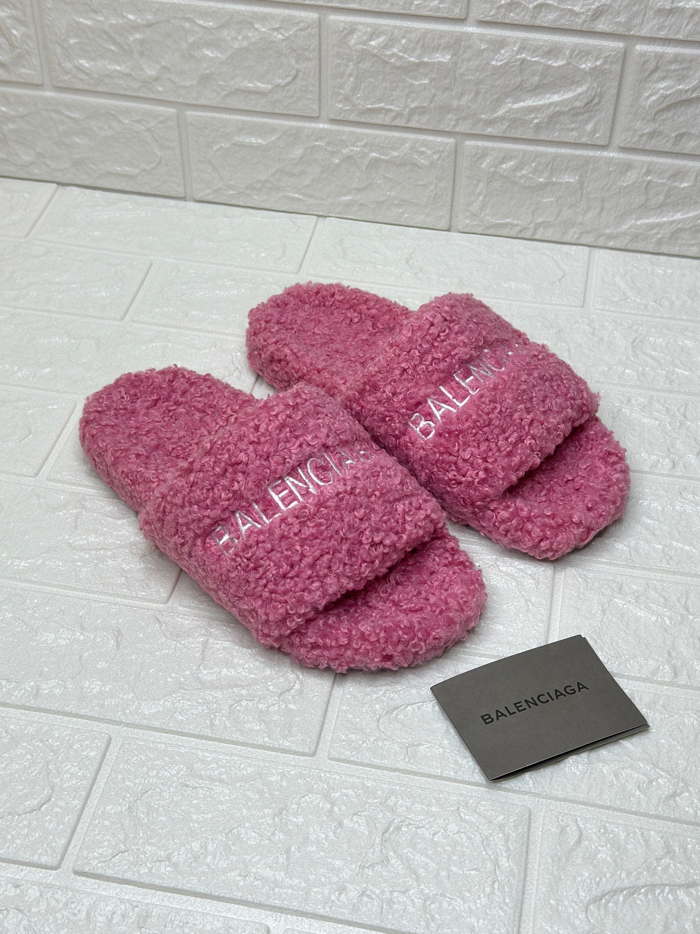 Balenciaga Furry Open Mule slides in sweet pink faux shearling with the Political Campaign logo. image 1