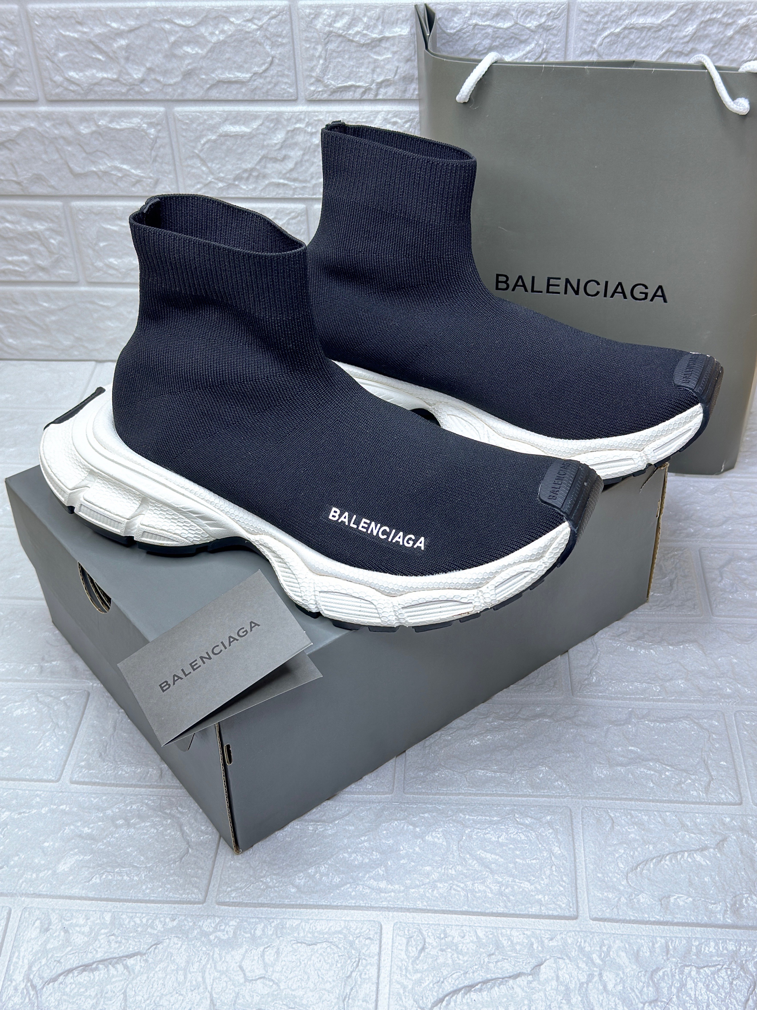 Balenciaga Speed Trainer sneakers in navy blue knit fabric with a white sole. image 1