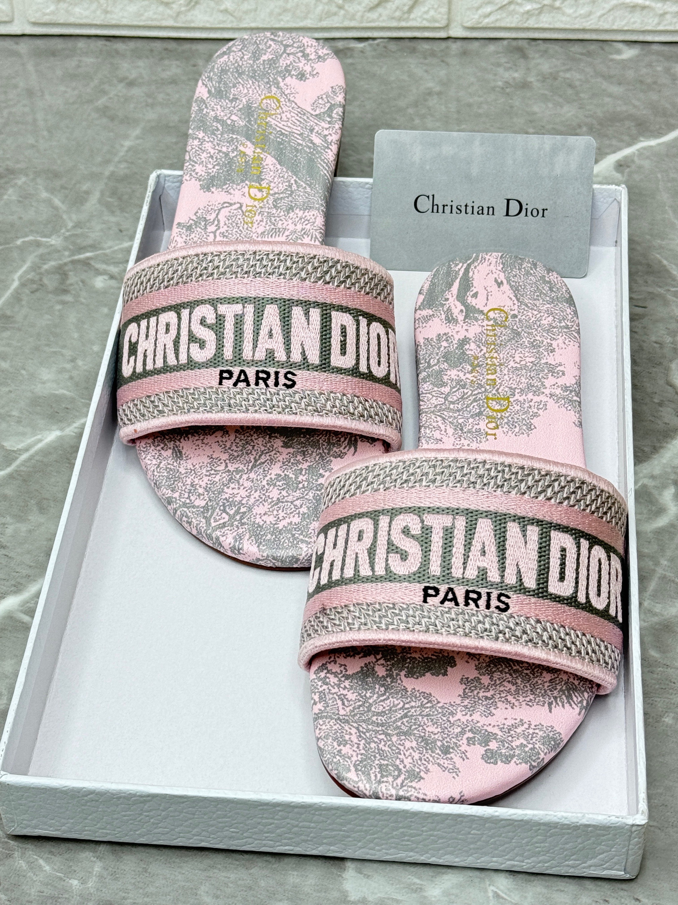 Christian Dior Dway flat slide sandals in pink embroidered cotton with a Toile de Jouy motif. image 1