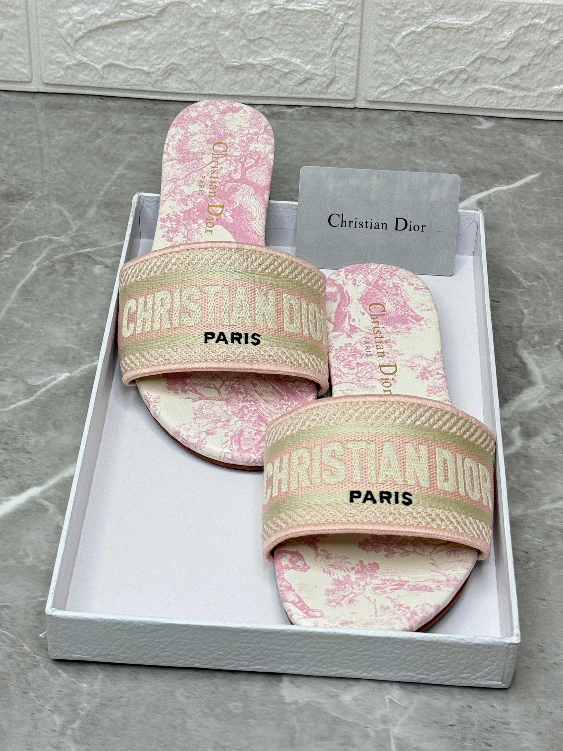 Dior Dway flat slides in pink and cream embroidered cotton with a Toile de Jouy pattern. image 1