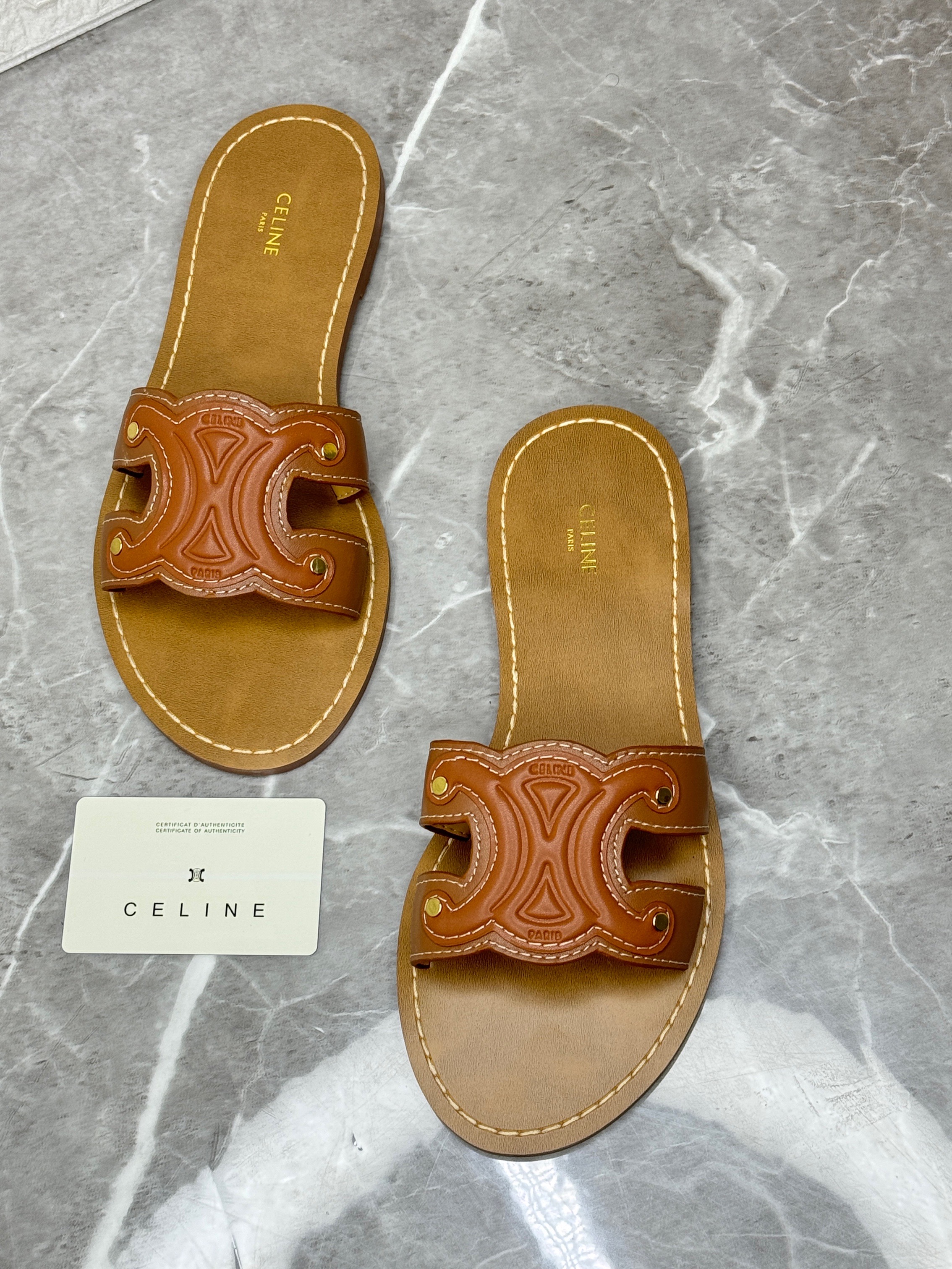 Celine Triomphe Mule in tan calfskin leather. image 1