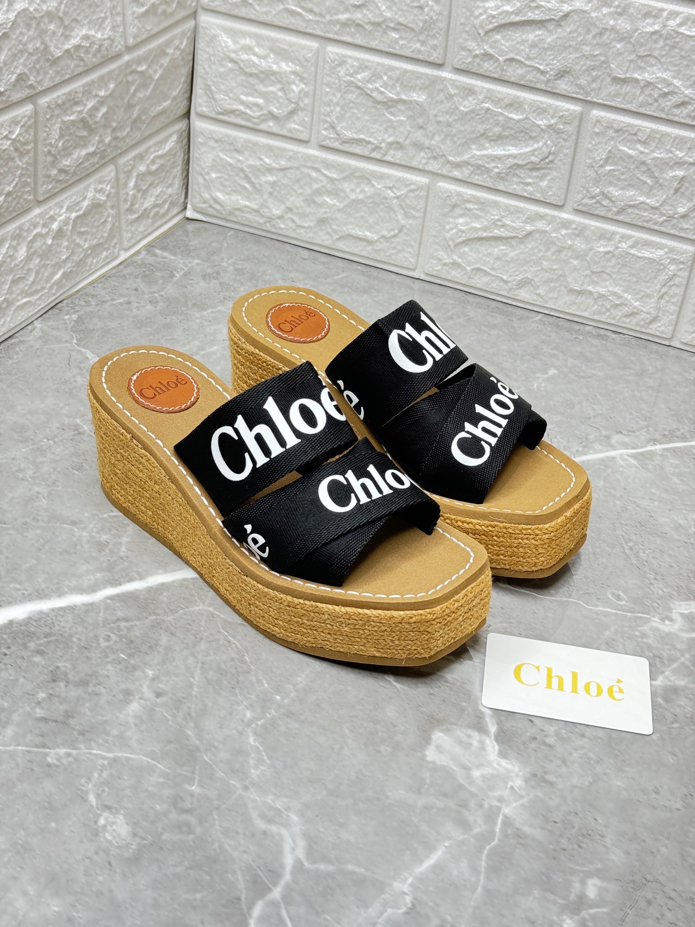 Chlo? Woody 75 wedge espadrille sandal with black linen blend logo-embroidered straps and natural jute and cork sole. image 1