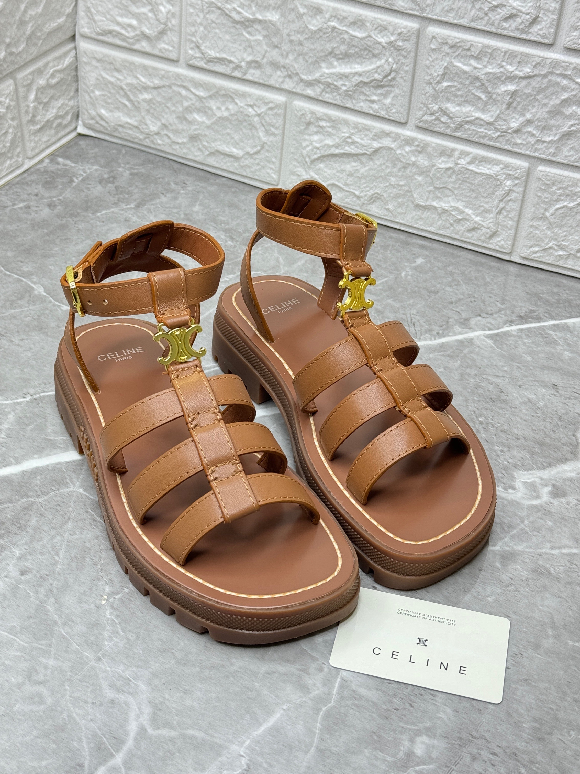 Celine Clea Triomphe gladiator sandals in brown calfskin. image 1