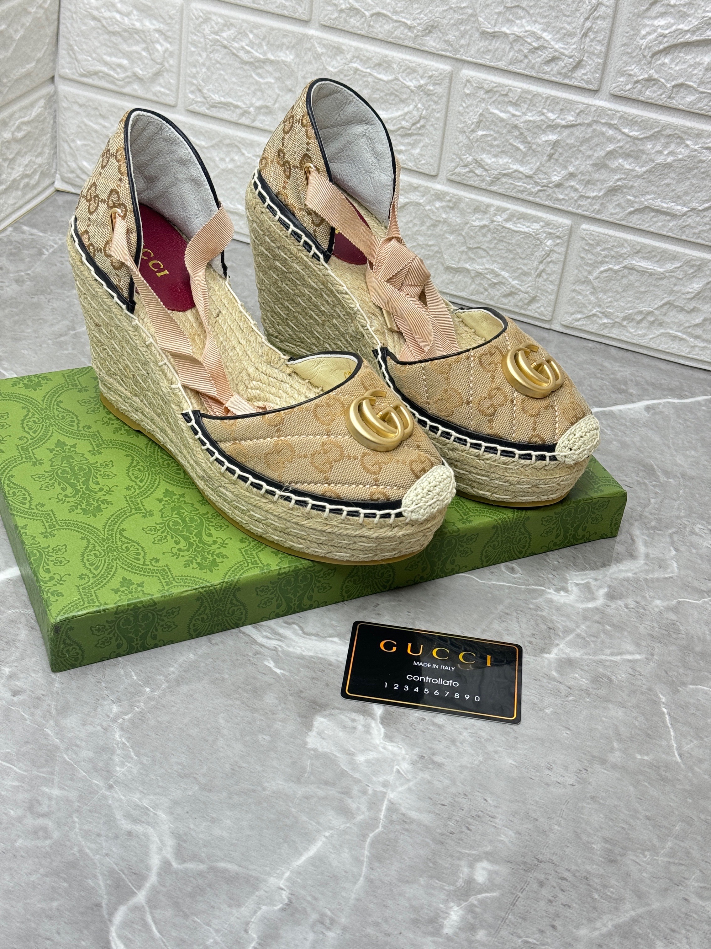 Gucci Pilar GG Ankle Tie espadrille platform wedge sandals. image 1