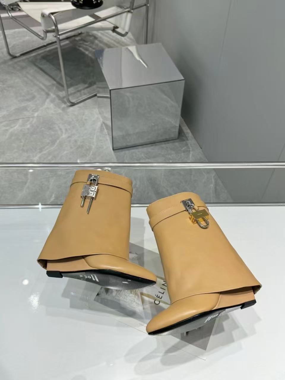Givenchy Shark Lock ankle boots in khaki or beige calf leather with gold-finish asymmetrical 4G padlocks. image 1