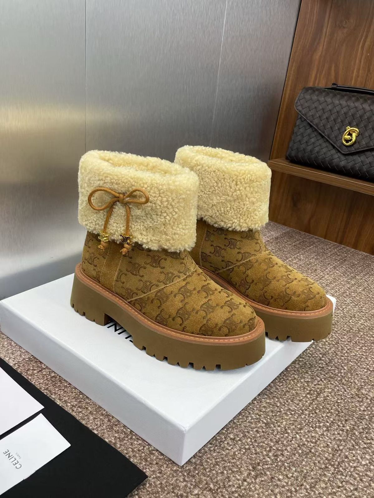 Celine Bulky Cropped Triomphe Boots in Suede Stamped Calfskin and Shearling. image 1